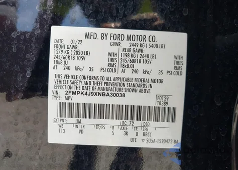 2022 Ford Edge Sel из США, поврежденный, VIN 2FMPK4J9XNBA30038